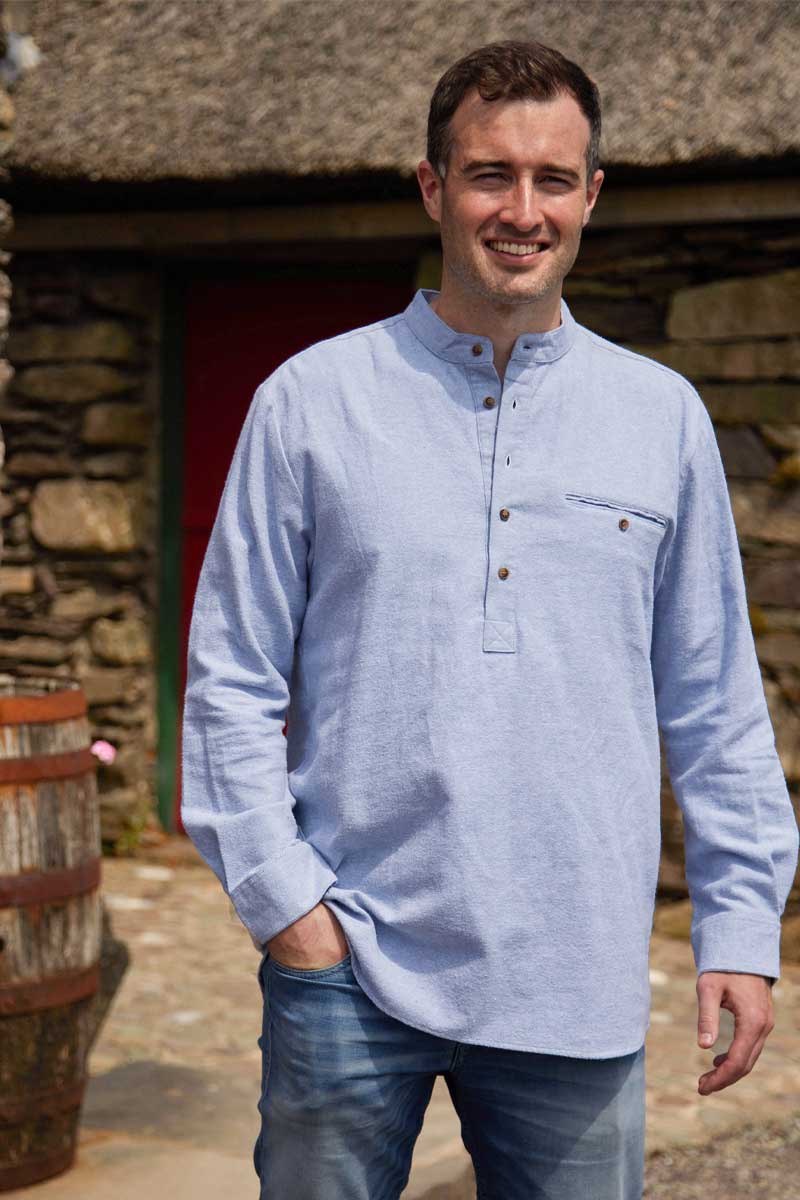 Grandfather Shirt Flannel Solid Blue LV11