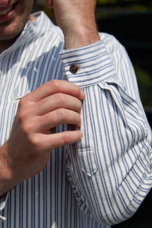 Grandfather Shirt Flannel Blue Ivory Stripe LV2