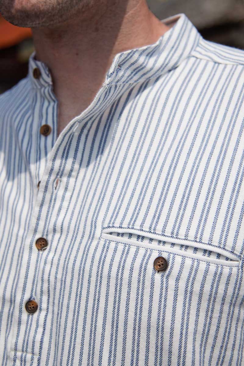 Grandfather Shirt Flannel Blue Ivory Stripe LV2