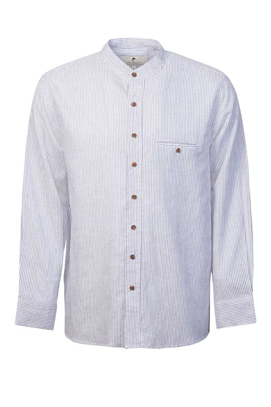 Irish Linen Grandad Shirt Navy/White Stripe LN8
